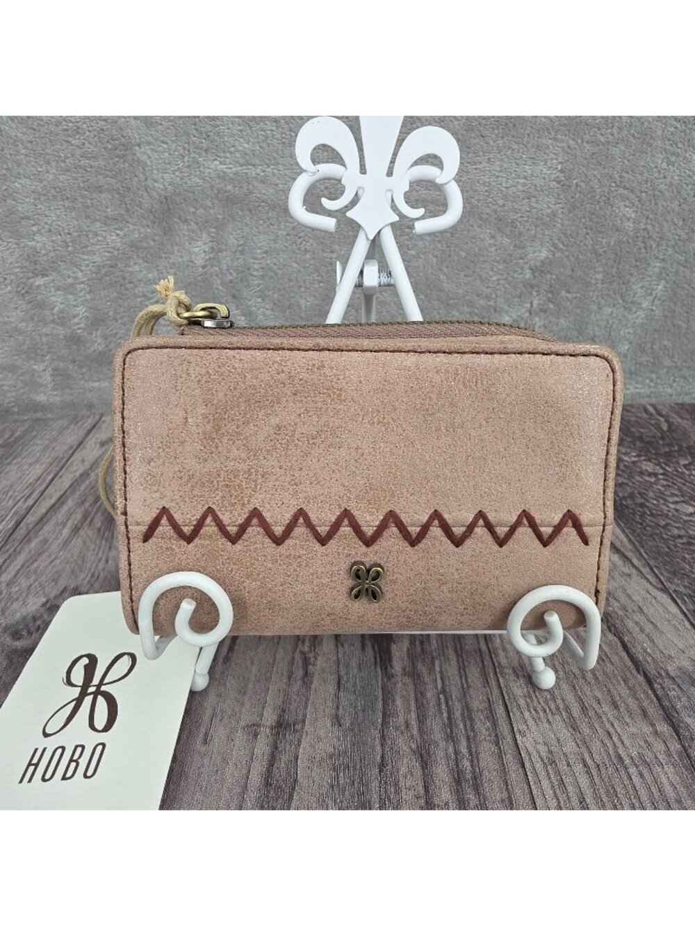 HOBO Jill Card Case Buffed Leather Hazel Brown Small Gift Stitched Bohemian New